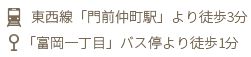 「門前仲町駅」2番出口より徒歩3分 「富岡一丁目」バス停より徒歩1分